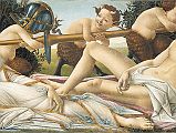 London National Gallery Top 20 04 Sandro Botticelli - Venus and Mars Sandro Botticelli - Venus and Mars, about 1485, 69 � 173 cm. Mars, the god of war, has been conquered by Venus, the goddess of love. Here Mars is asleep and unarmed, while Venus is awake and alert. The meaning of the picture is that love conquers war, or love conquers all. Reclining on the ground, the handsome youth has fallen asleep. Naked and robbed of all his weapons, which are now in the hands of the fauns in the middle ground, he embodies a beautiful ideal from whose mind all thoughts of war are banished. Venus, on the other hand, richly dressed like a young woman from a distinguished family and thereby removed from the context of eroticism, remains alert and in the way symbolizes the permanence of peace. Equally balanced, Venus and Mars are virtually mirror images of each other. They establish the shape of an inverted triangle which is concluded at the top by the three fauns with the lance.